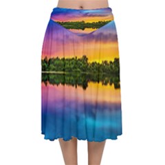 Sunset Color Evening Sky Evening Velvet Flared Midi Skirt by Sapixe