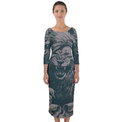 Angry Male Lion Pattern Graphics Kazakh Al Fabric Quarter Sleeve Midi Bodycon Dress by Sapixe