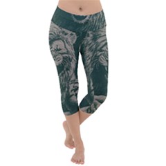 Angry Male Lion Pattern Graphics Kazakh Al Fabric Lightweight Velour Capri Yoga Leggings by Sapixe