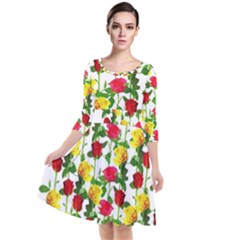 Rose Pattern Roses Background Image Quarter Sleeve Waist Band Dress