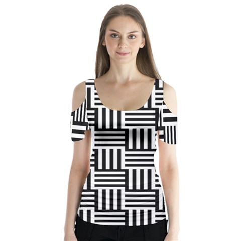 Basket Black Lines Stripes White Butterfly Sleeve Cutout Tee  by Sapixe