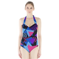 Memphis Pattern Geometric Abstract Halter Swimsuit by Sapixe