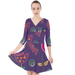 Background Decorative Floral Quarter Sleeve Front Wrap Dress by Sapixe