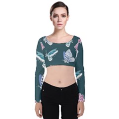 Butterfly Pattern Dead Death Rose Velvet Long Sleeve Crop Top