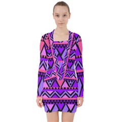 Seamless Purple Pink Pattern V-neck Bodycon Long Sleeve Dress by Sapixe