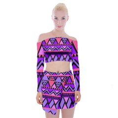 Seamless Purple Pink Pattern Off Shoulder Top With Mini Skirt Set by Sapixe