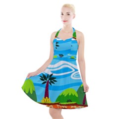 Landscape Background Nature Sky Halter Party Swing Dress 