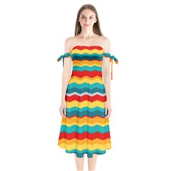 Retro Colors 60 Background Shoulder Tie Bardot Midi Dress by Sapixe