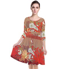 Abstract Background Flower Design Quarter Sleeve Waist Band Dress