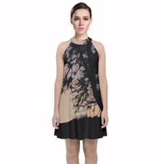 Inkwork Sunrise In Orange Velvet Halter Neckline Dress 