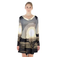 Sunrise Over The Plains Long Sleeve Velvet V-neck Dress by DeneWestUK