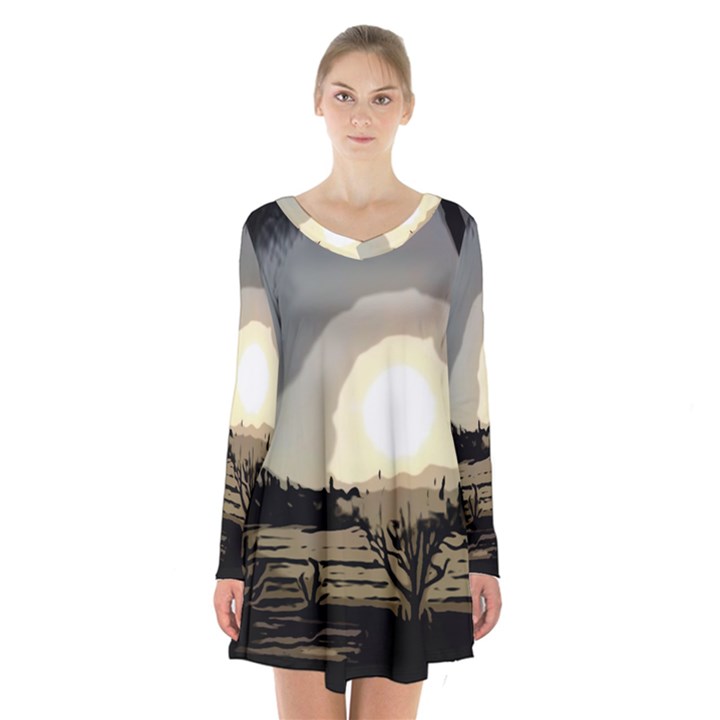 Sunrise Over The Plains Long Sleeve Velvet V-neck Dress