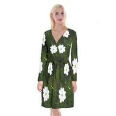 Daisies In Green Long Sleeve Velvet Front Wrap Dress