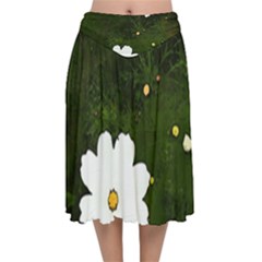 Daisies In Green Velvet Flared Midi Skirt