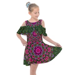 Fantasy Floral Wreath In The Green Summer  Leaves Kids  Shoulder Cutout Chiffon Dress