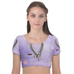 Cute Little Pegasus With Butterflies Velvet Short Sleeve Crop Top  by FantasyWorld7