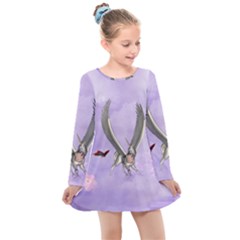 Cute Little Pegasus With Butterflies Kids  Long Sleeve Dress