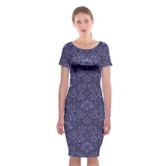 Damask Purple Classic Short Sleeve Midi Dress