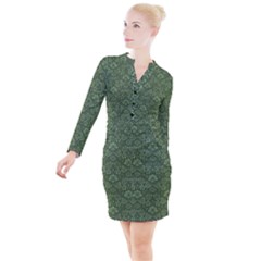 Damask Green Button Long Sleeve Dress