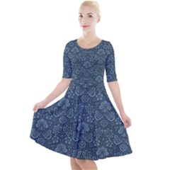 Damask Blue Quarter Sleeve A-line Dress