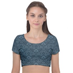 Damask Blue Velvet Short Sleeve Crop Top  by vintage2030