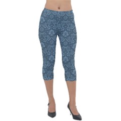 Damask Blue Lightweight Velour Capri Leggings 