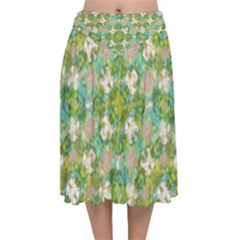 Vintage Floral Print Collage Pattern Velvet Flared Midi Skirt