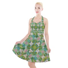 Vintage Floral Print Collage Pattern Halter Party Swing Dress 