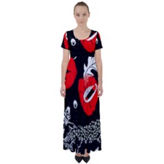 Red Poppy Flowers On Gray Background By Flipstylez Designs High Waist Short Sleeve Maxi Dress by flipstylezfashionsLLC