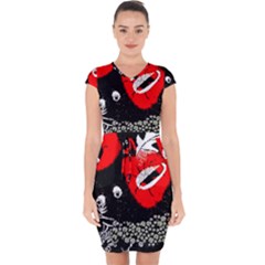 Red Poppy Flowers On Gray Background By Flipstylez Designs Capsleeve Drawstring Dress  by flipstylezfashionsLLC