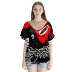 Red Poppy Flowers On Gray Background By Flipstylez Designs V-neck Flutter Sleeve Top by flipstylezfashionsLLC