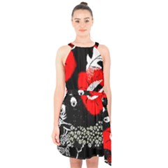 Red Poppy Flowers On Gray Background By Flipstylez Designs Halter Collar Waist Tie Chiffon Dress by flipstylezfashionsLLC