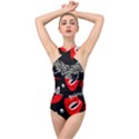 Red poppy flowers on gray background By FlipStylez Designs Cross Front Low Back Swimsuit View1