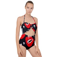 Red Poppy Flowers On Gray Background By Flipstylez Designs Scallop Top Cut Out Swimsuit by flipstylezfashionsLLC