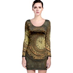 Awesome Steampunk Design, Clockwork Long Sleeve Velvet Bodycon Dress