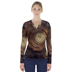 Awesome Steampunk Design, Clockwork V-neck Long Sleeve Top by FantasyWorld7