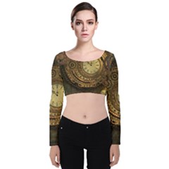 Awesome Steampunk Design, Clockwork Velvet Long Sleeve Crop Top by FantasyWorld7