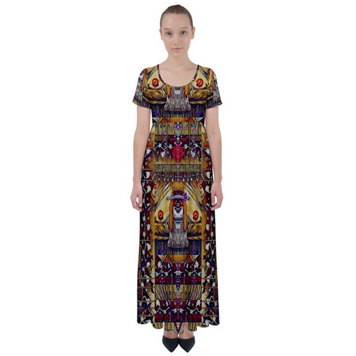 Lady Panda In The Apple Cave With Moon And Meteroits High Waist Short Sleeve Maxi Dress