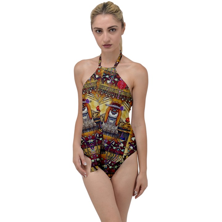 Lady Panda In The Apple Cave With Moon And Meteroits Go with the Flow One Piece Swimsuit