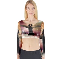 Awesome Dark Fairy In The Sky Long Sleeve Crop Top by FantasyWorld7