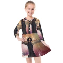 Awesome Dark Fairy In The Sky Kids  Quarter Sleeve Shirt Dress by FantasyWorld7