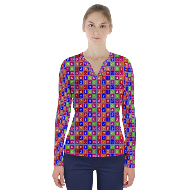 Numbers And Vowels Colorful Pattern V-Neck Long Sleeve Top