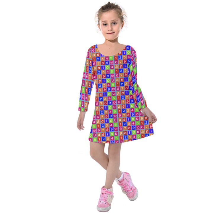 Numbers And Vowels Colorful Pattern Kids  Long Sleeve Velvet Dress