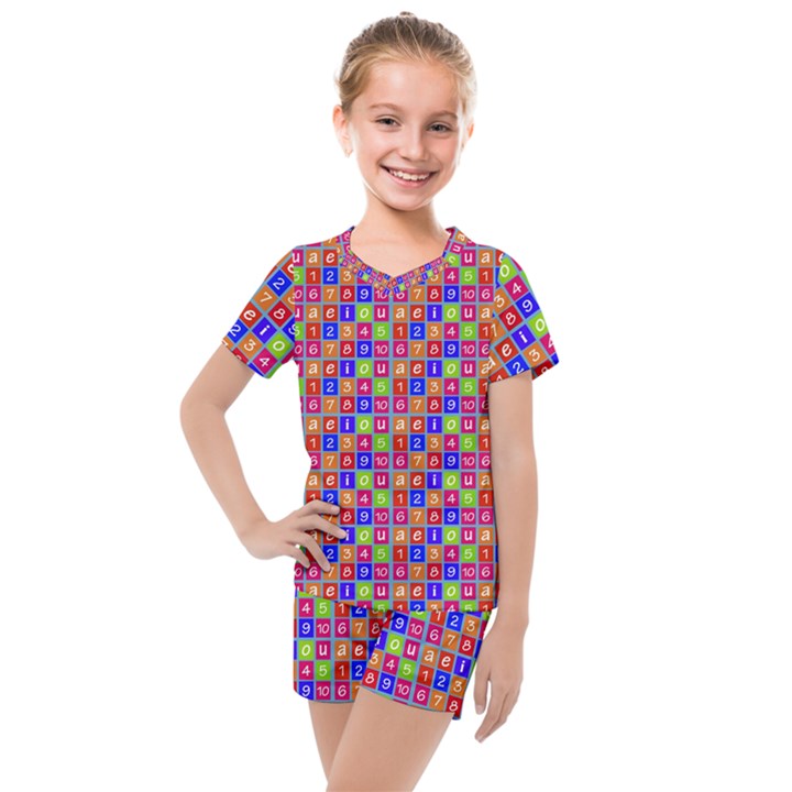 Numbers And Vowels Colorful Pattern Kids  Mesh Tee and Shorts Set