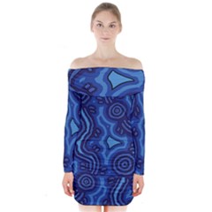 Aboriginal Art - Blue Campsites Long Sleeve Off Shoulder Dress