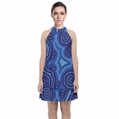 Aboriginal Art - Blue Campsites Velvet Halter Neckline Dress 