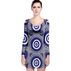 Aboriginal Art - Gathering Long Sleeve Velvet Bodycon Dress