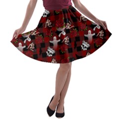 Gothic Woman Rose Bats Pattern A-line Skater Skirt by snowwhitegirl