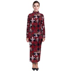 Gothic Woman Rose Bats Pattern Turtleneck Maxi Dress