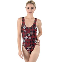 Gothic Woman Rose Bats Pattern High Leg Strappy Swimsuit